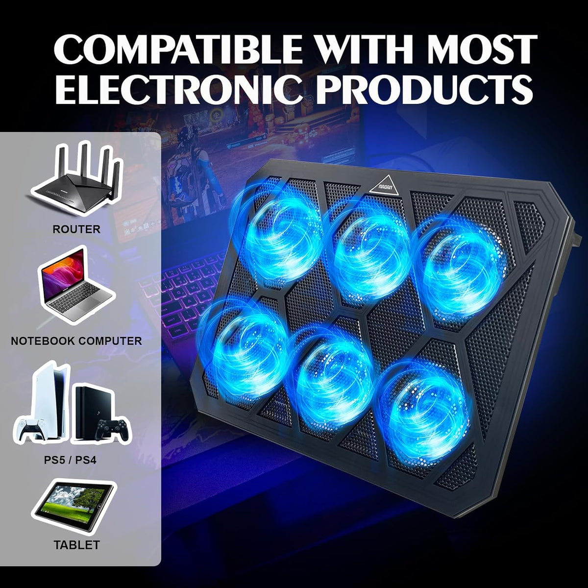 NAGAN Laptop Cooling Pad with 6 Fans, Ergonomic USB Powered Cooling Pad for Laptop with Dual USB 2.0 Ports, Height-Adjustable, Metal Mesh Gaming Notebook Cooler, Fits 14-17.3 inch Laptops