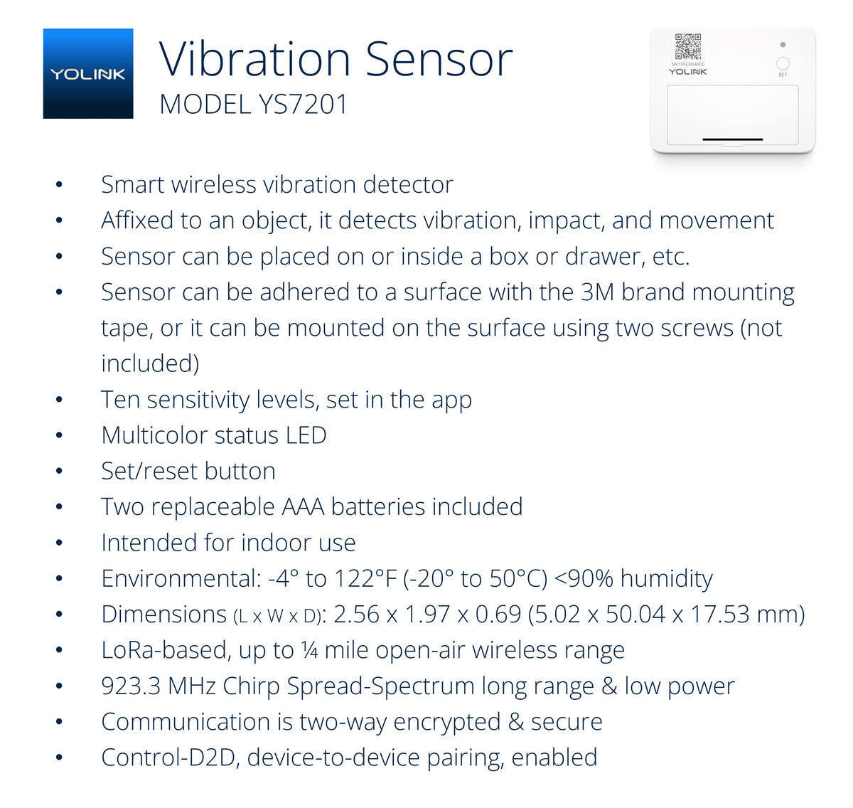 YoLink LoRa Smart Vibration Sensor; Smart Shock, Glass Break, Tamper, Movement Detector, Generator Running, Email/SMS/Push Alerts, 1/4 Mile Open Air
