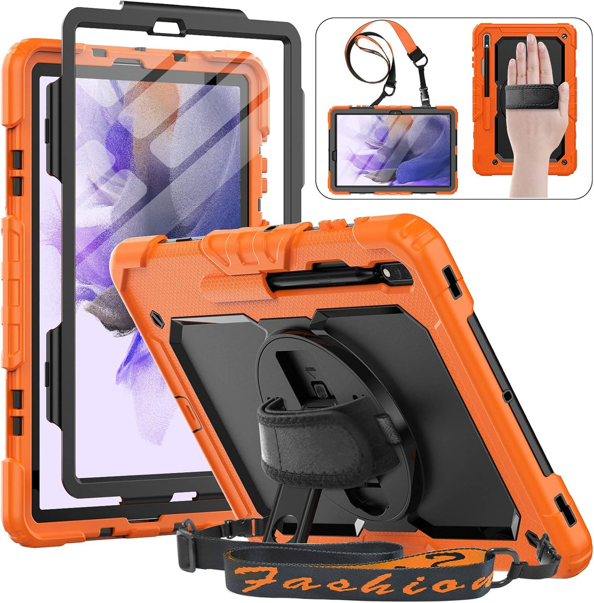 HXCASEAC Case for Samsung Galaxy Tab S7 FE 5G 12.4 inch, Protective with Screen Protector/Hand Strap/S Pen Holder, Heavy Duty Design for Samsung Galaxy S7 FE Tablet Case - Orange