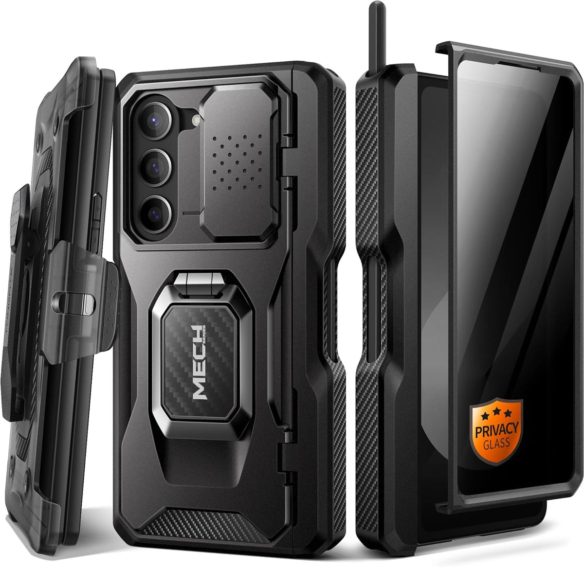 TONGATE for Z Fold 6 Case with Ring Stand, Built-in S Pen Holder & Glass Screen Protector Shockproof Rugged Z6 Phone Case with Slide Camera Cover & Belt Clip for Samsung Galaxy Z Fold 6 2024, Black
