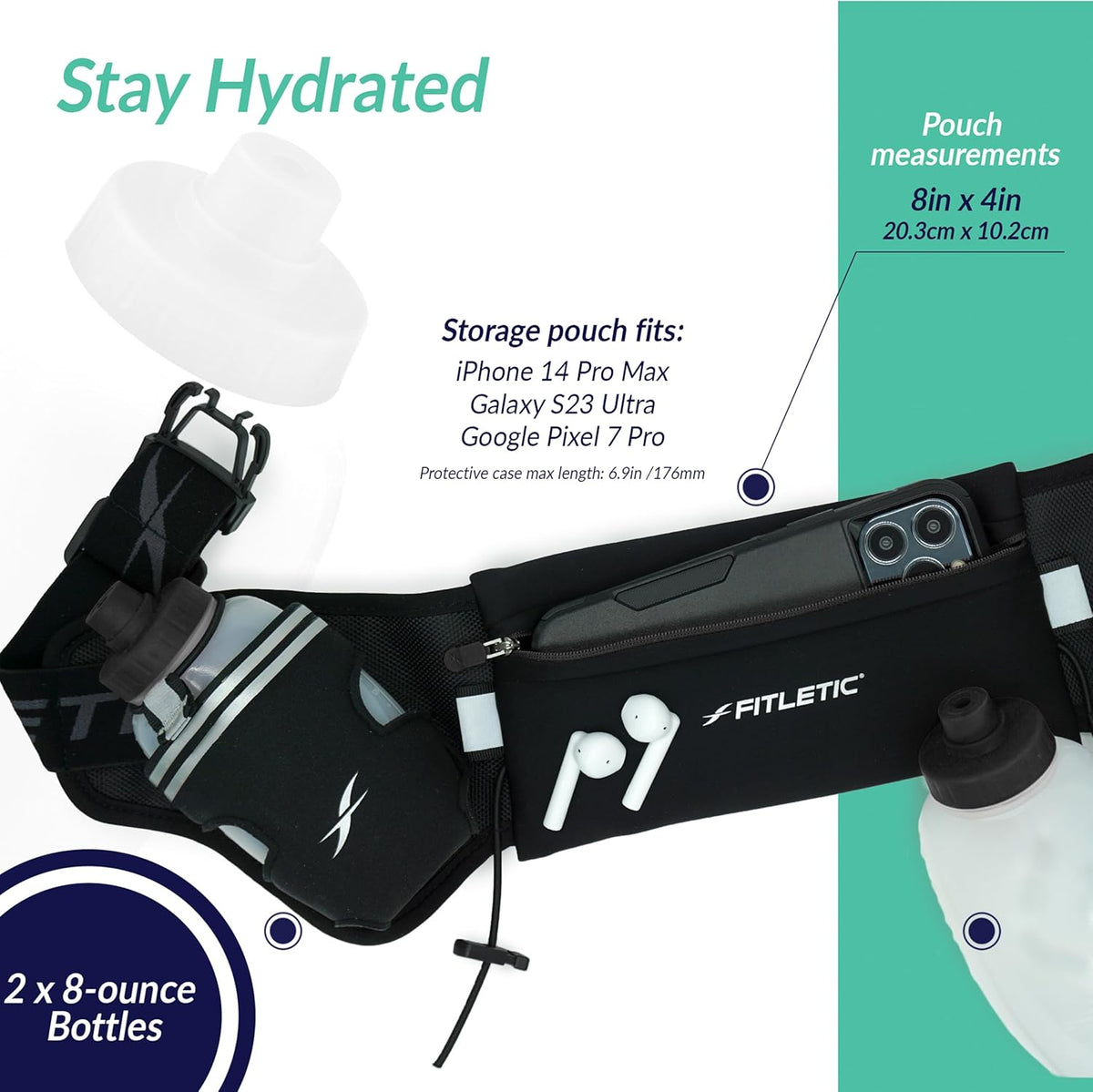 Fitletic Hydration Running Belt with Water Bottles for Men & Women – 2 Quick Flow 8oz Running Water Bottles, Patented Bounce Free Design, Water Resistant Pouch Fits All Phones – Hydra 16