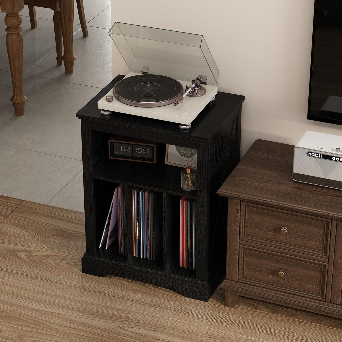 Farmhouse Record Player Stand, 3 Tier Turntable Stand with Vinyl Record Storage ,Wood Record Holder Cabinet Dispaly Shelf for Living Room,Bedroom,Office,Black