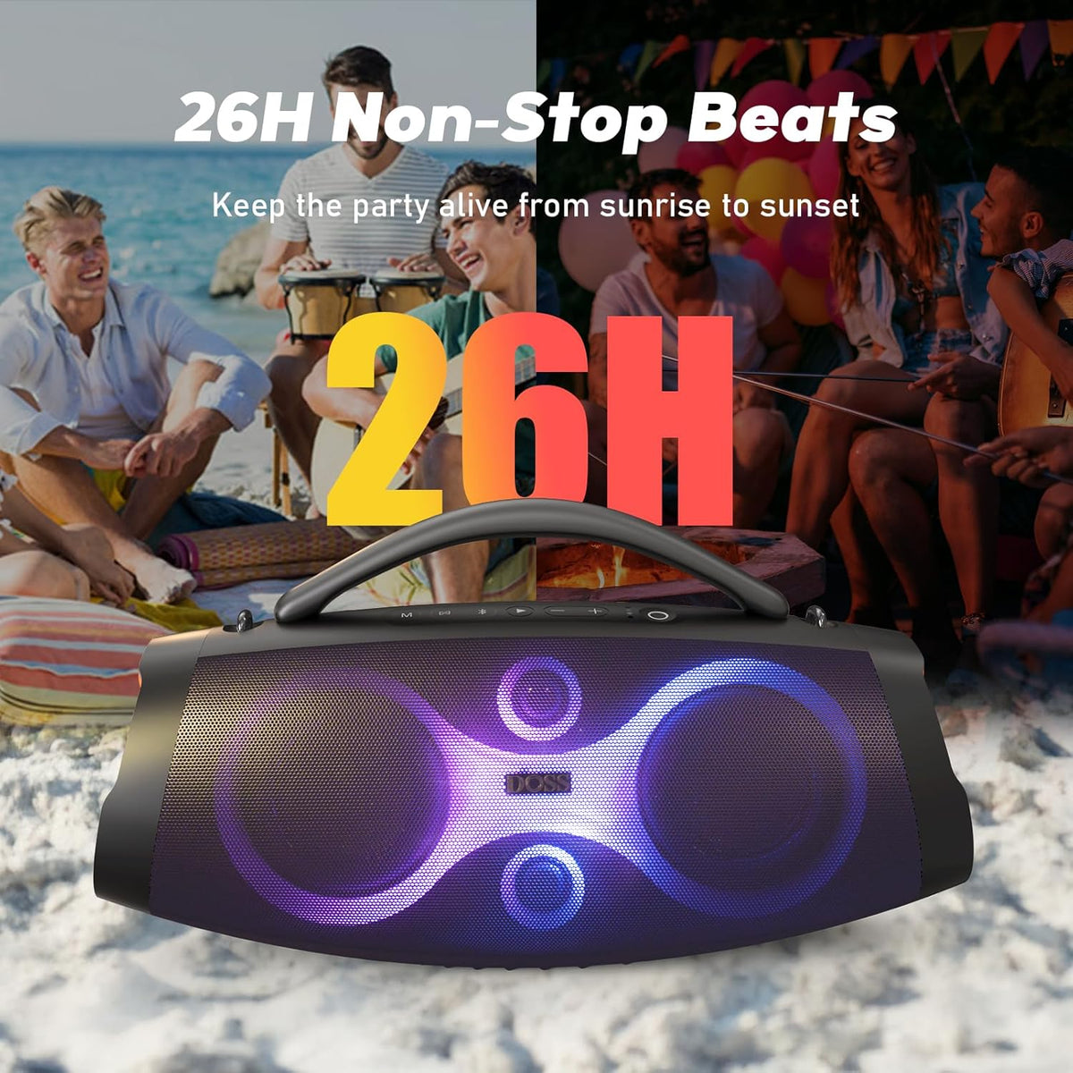 DOSS Extreme Boom Pro D200 240W Peak Outdoor Speaker, Punchy Bass, 26H Playtime, Beat-Synced Light, BT5.4, Stereo Pairing, IPX6 Waterproof for Camping, Beach, Tailgate Party-Blue