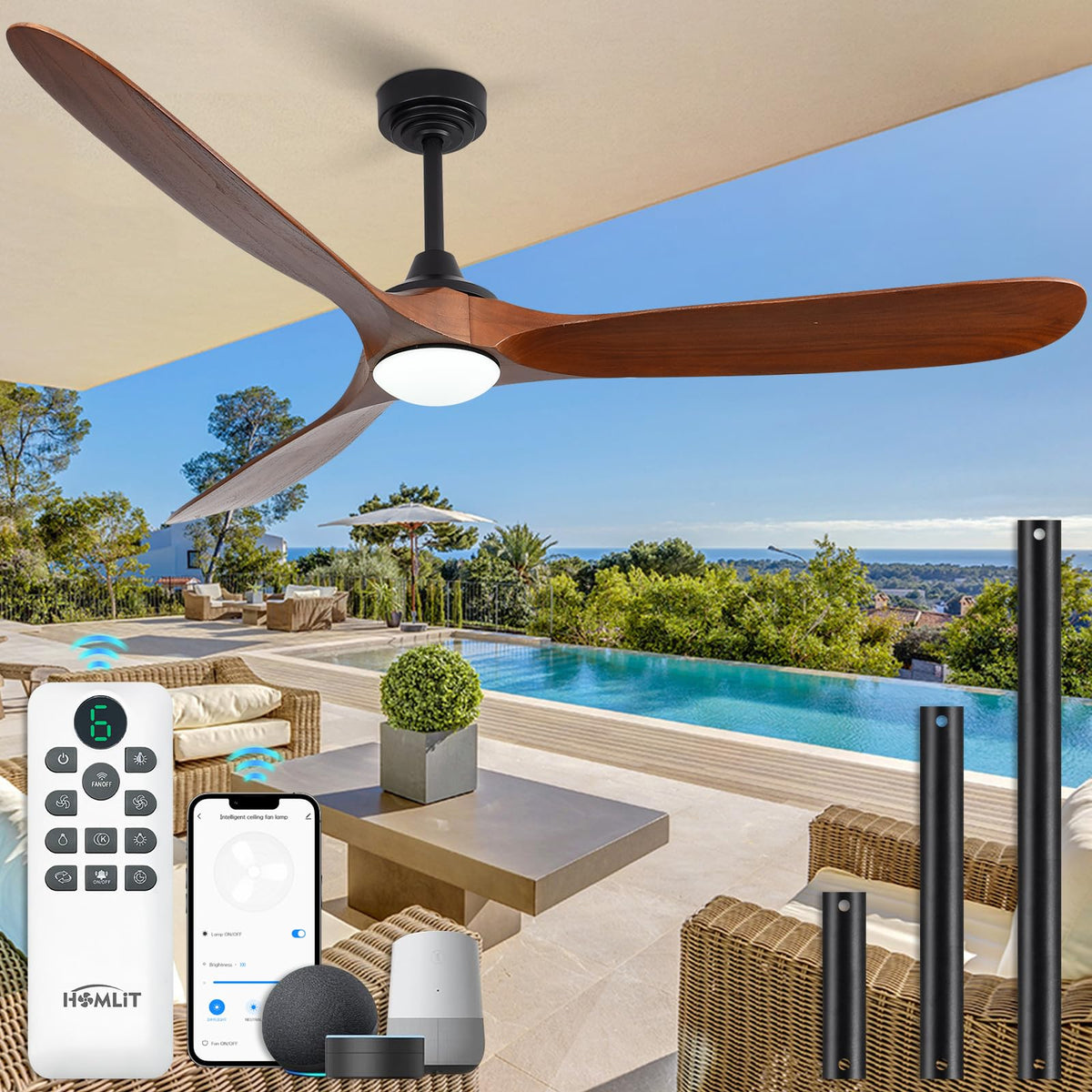 Homlit Ceiling Fan with Lights, 72 Solid Wood Indoor/Outdoor Ceiling Fan with Quiet Reversible DC Motor, Control with WIFI Ale