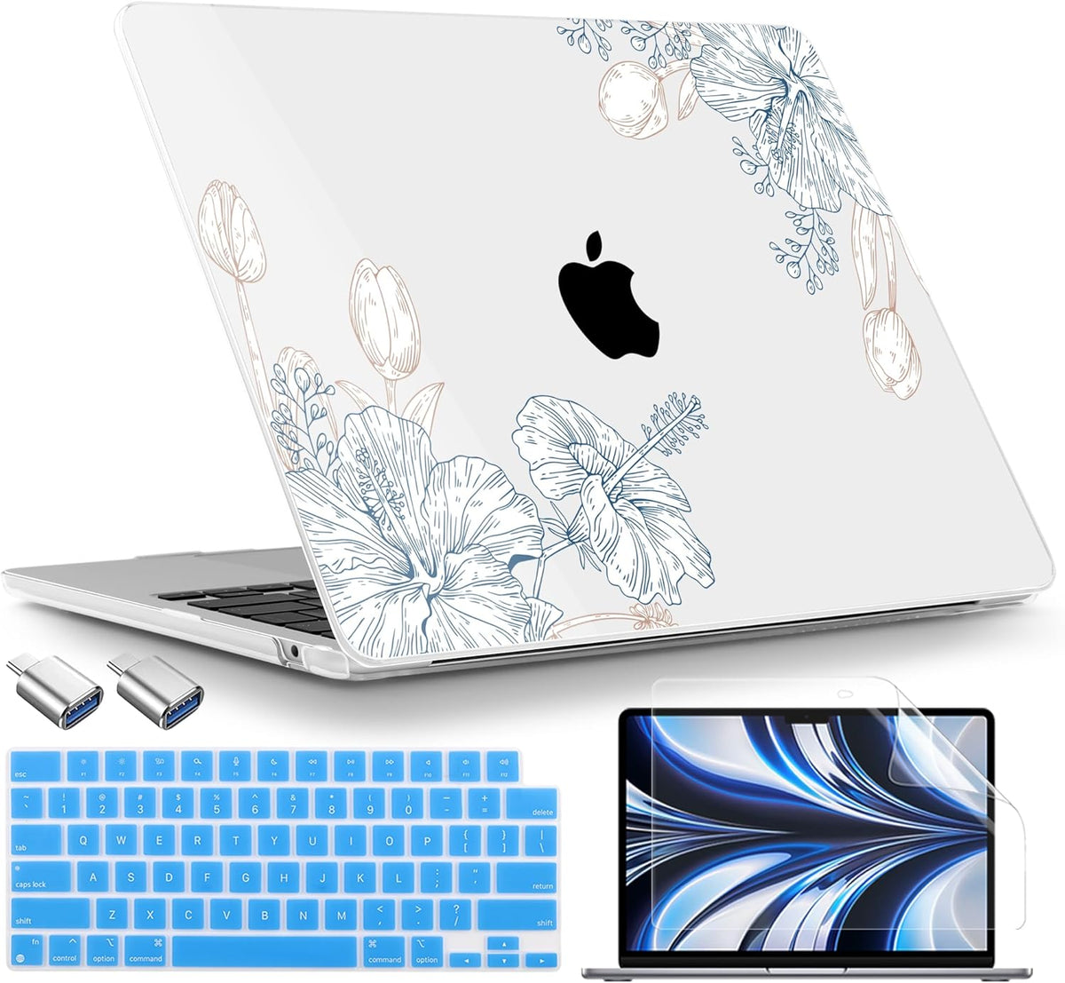 TWOLSKOO Compatible with M4 MacBook Air 13.6 inch Case 2025-2022 Release M4 A3240 M3 A3113 M2 A2681, Plastic Hard Shell & Keyboard Cover & Type C Adapter & Screen Protector, Engraved Sketch2