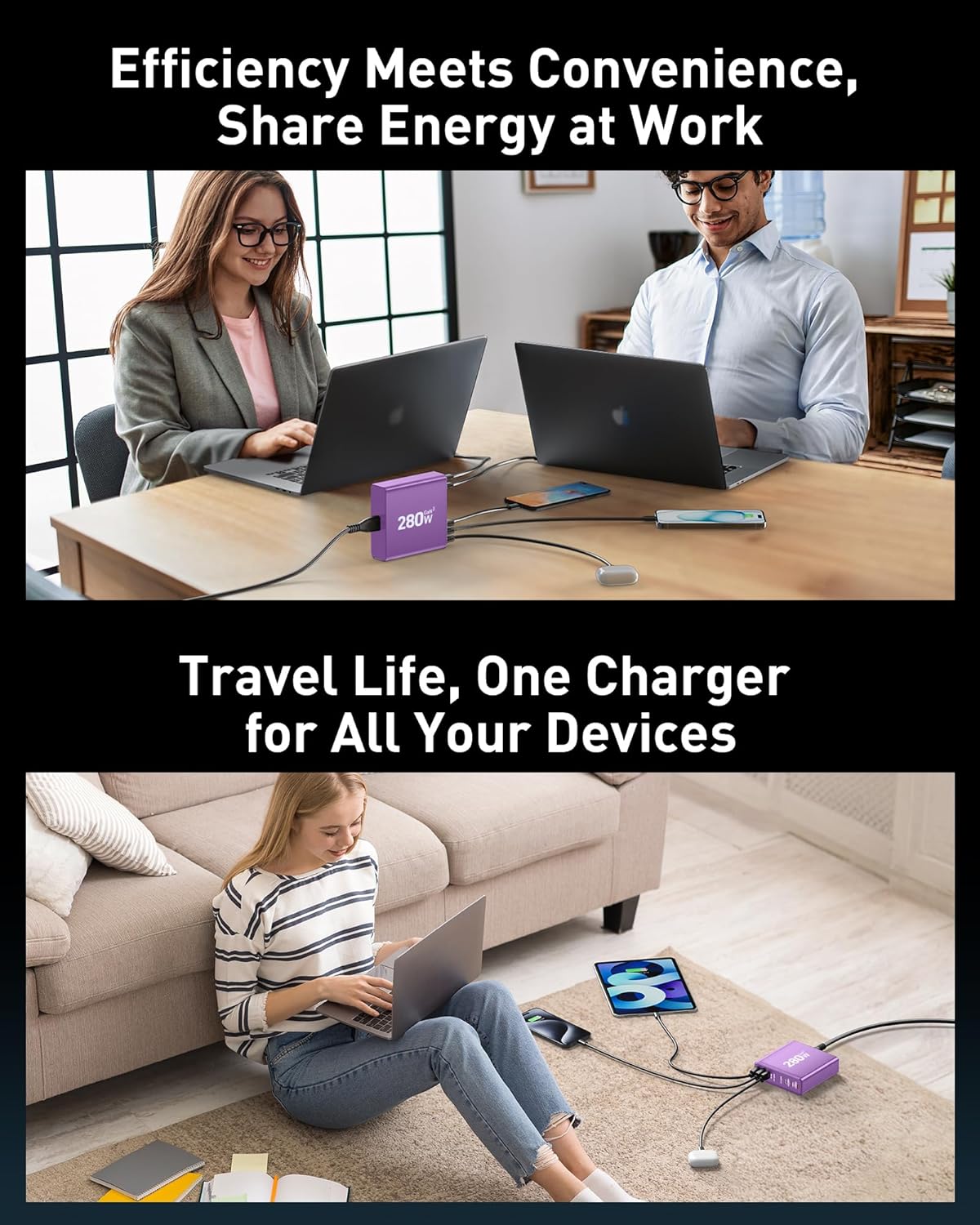280W USB C Charger Block, 8-Port USB C Charging Station GaN III PD 65W Laptop Charger Adapter Compatible with MacBookPro/Air,DELL,iPad,Portable Charging Station for iPhone,Samsung Galaxy(Purple)