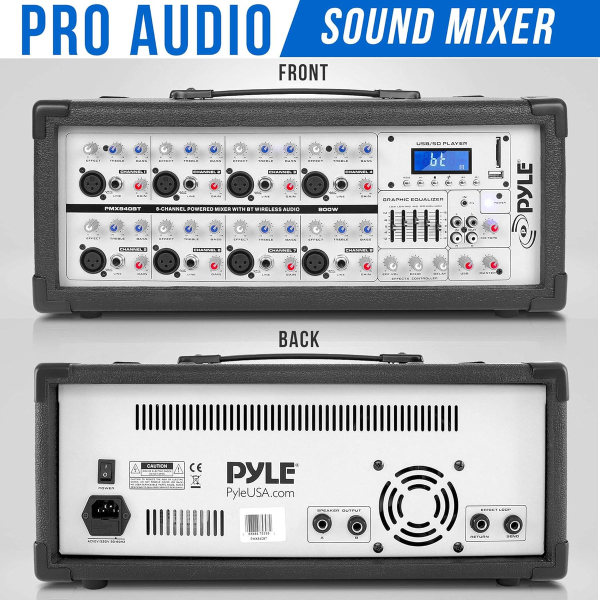 PyleUsa 8 Channel Bluetooth Stage Powered Mixer, 800 Watt Pro Audio Sound Mixer, MP3 USB SD Readers, Aux Input, Digital LCD Display, Built in Cooling Fan