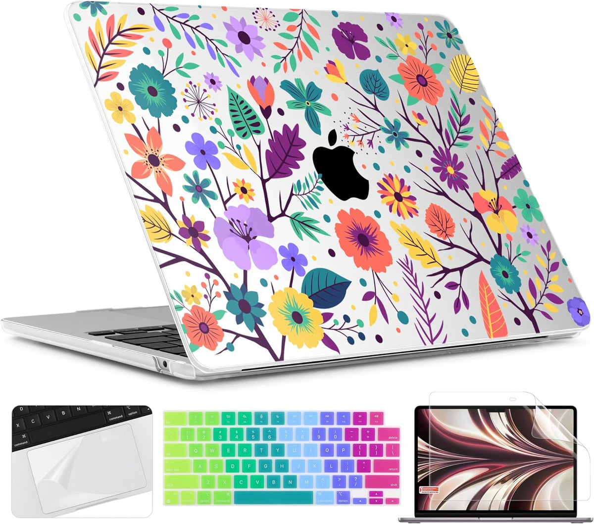 TWOLSKOO for M4 MacBook Air 13.6 inch Case 2025-2022 Release M4 A3240 M3 A3113 M2 A2681, Plastic Hard Shell & Screen Protector & Keyboard Cover & Trackpad Film, Colorful Flowers