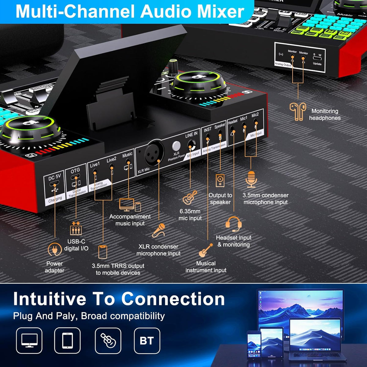 Podcast Equipment Bundle with 3.5mm Condenser Microphone for Pc/Phone Live Streaming Singing Gaming, Podcast Microphone Bundle with Live Sound Card Audio Mixer,Voice Changer, Denoise,DJ Sets