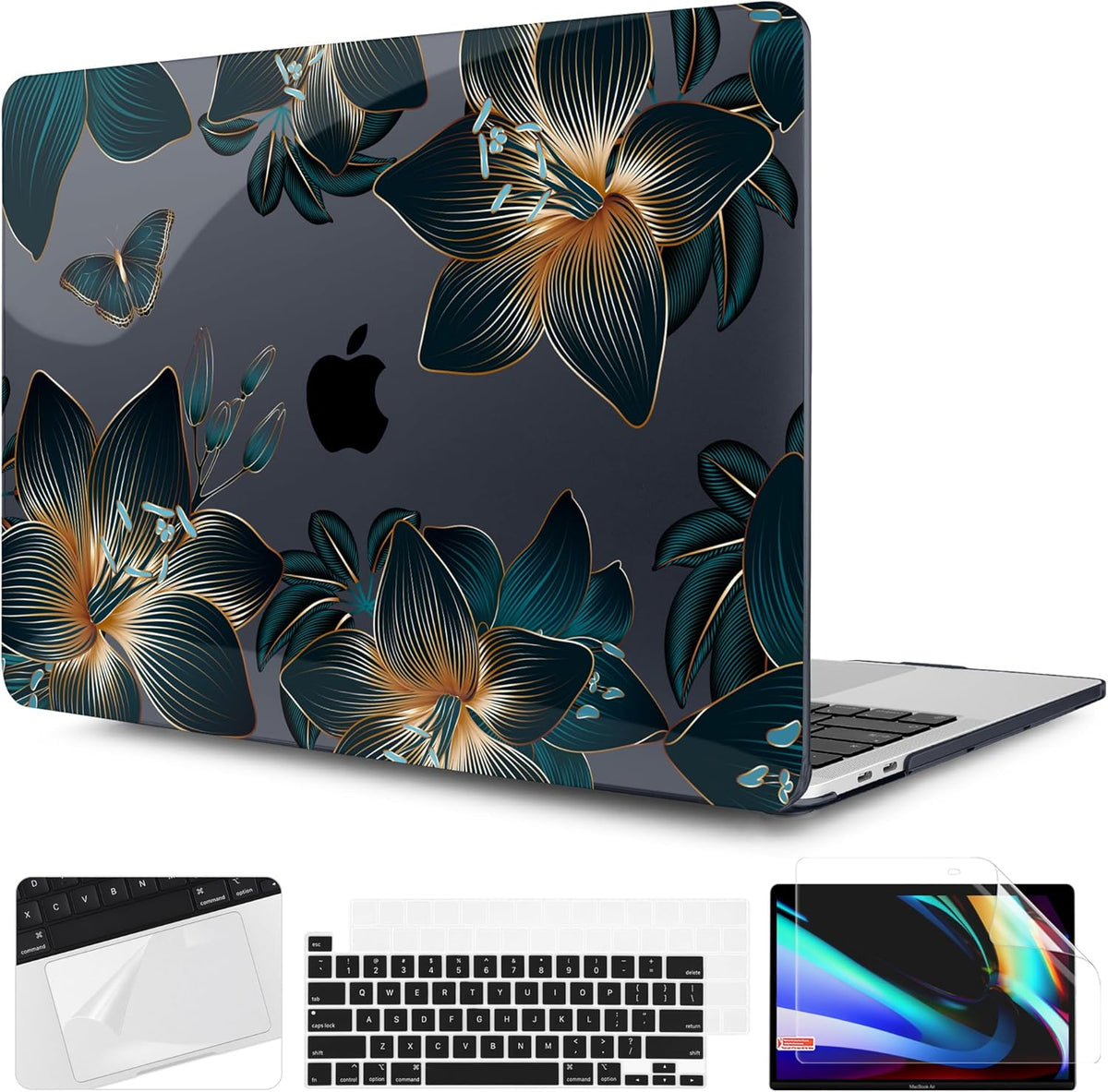 TWOLSKOO Compatible with MacBook Pro 13 inch Case 2023-2016 A2338 M2/M1 A2251 A2289 A2159 A1989 A1706, Plastic Hard Shell Cover & Keyboard Skin & Screen Protector - Golden Lilies