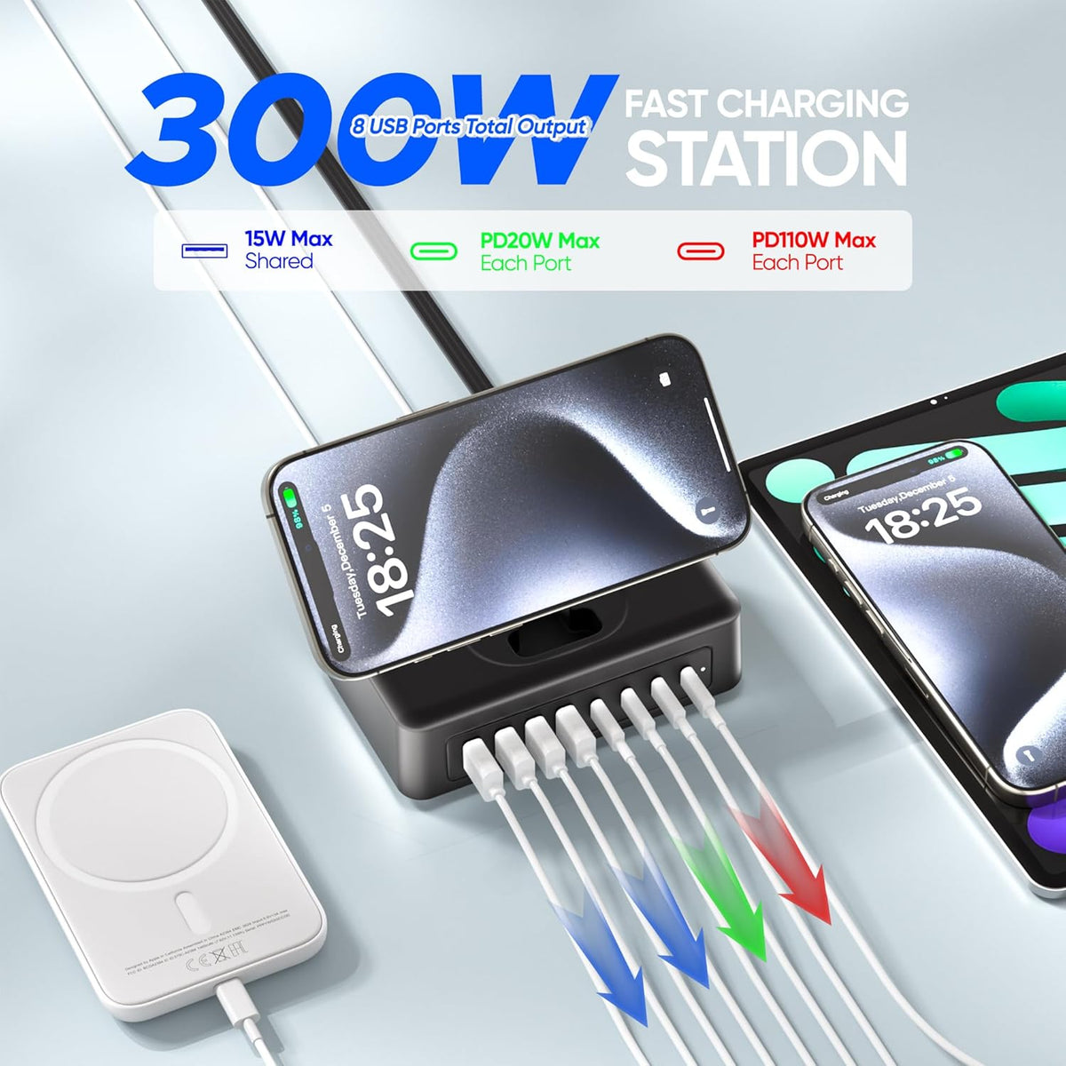 Acozvin 300W 11-in-1 2AC 8USB 5ft USB Charging Station, USB C Power Strip Surge Protector, Outlets & Ports, Flat Plug