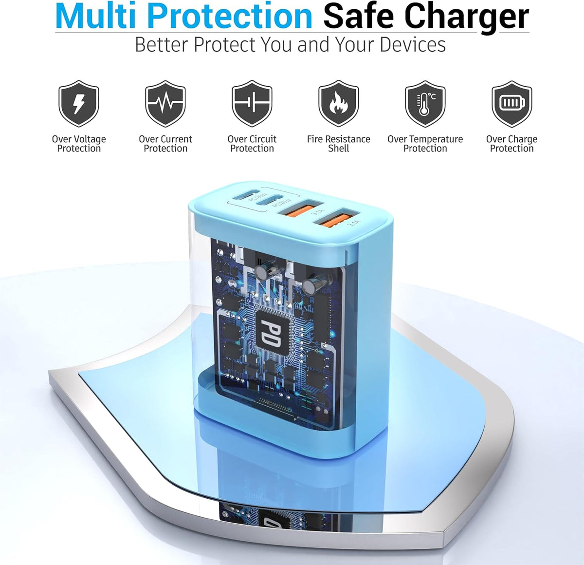 USB C Block 40W, 4 Ports Wall Plug Fast Charging Block, PD+QC Multiport Power Adapter USB C Charger Type C for iPhone 16,15,14,13,12,11, Pro Max, X, Xr, Xs, 8, 7, Watch, Galaxy Phones (Blue 1Pack)
