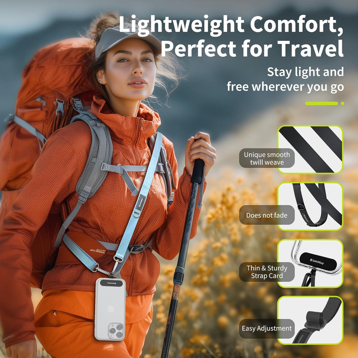 SWITCHEASY 20mm Adjustable Crossbody Phone Strap Compatible with Most Phones, Anti-Theft & Ant-Drop, Hands Free for Phone Lanyard Crossbody with Strap Card Phone Tether Tab - EasyStrap (Dark Black)