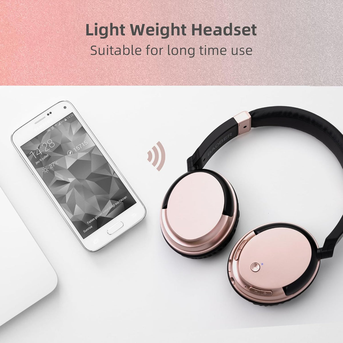 Bluetooth Wireless Over Ear Light Weight Headphone with Low Latency USB Transmitter for TV,PC,3.5mm Audio Device, Stereo Wireless Headset Built-in Microphone for Cell Phone (Rose Gold)