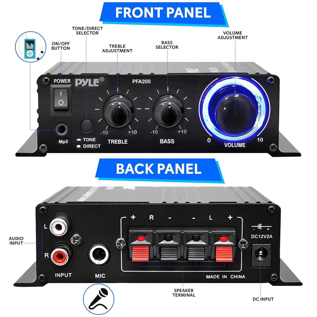 Pyle Home Mini Audio Amplifier - 60W Portable Dual Channel Surround Sound HiFi Stereo Receiver w/ 12V AC Adapter, AUX, MIC IN, Supports Smart Phone, iPhone, iPod, MP3 For 2-8ohm Speakers - Pyle PFA200