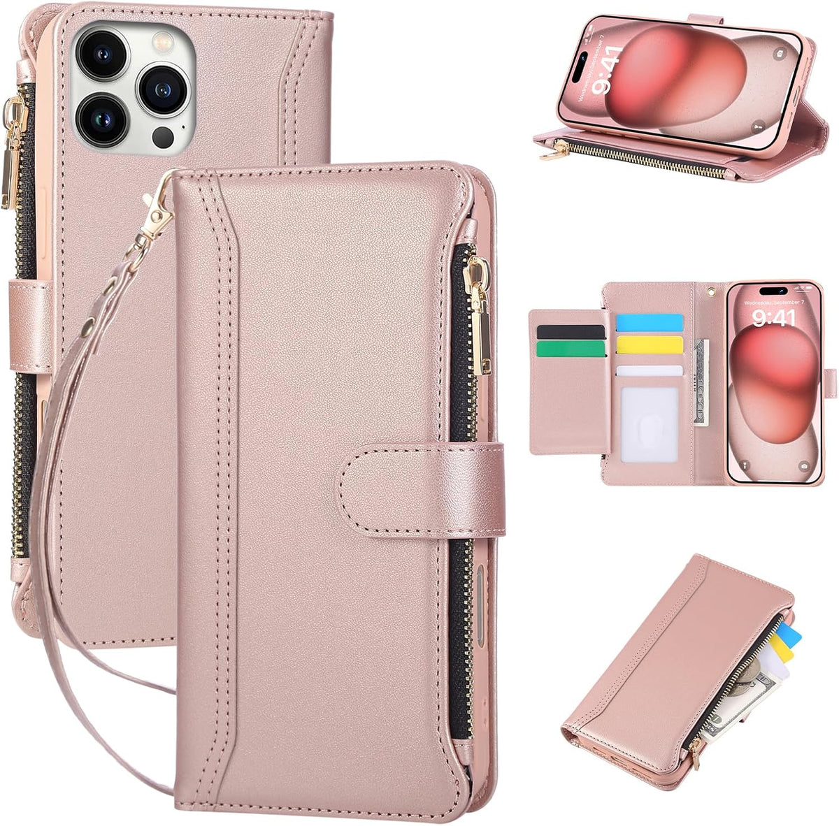 Compatible with iPhone 16 Pro Max Wallet Phone Case-PU Leather Magnetic Flip Cover with Credit Card Slots,Zipper Pocket & Detachable Wrist Strap,Shockproof Design,for Women and Men-Pink