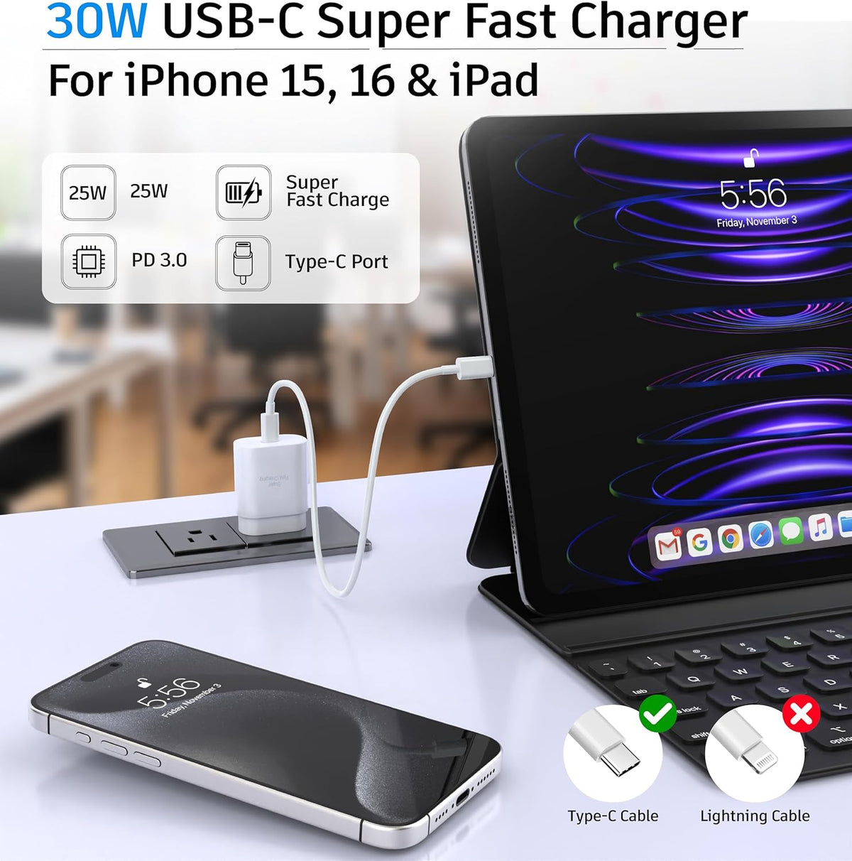 Phone 15 16 Charger, 30W Super Fast Charging, USB C Block Type C Cable Cord 10ft for iPhone iPhone 16,16 Plus,16 Pro,16 Pro Max, iPhone 15, iPad Pro 12.9/11, Galaxy S24,S23-2Pack
