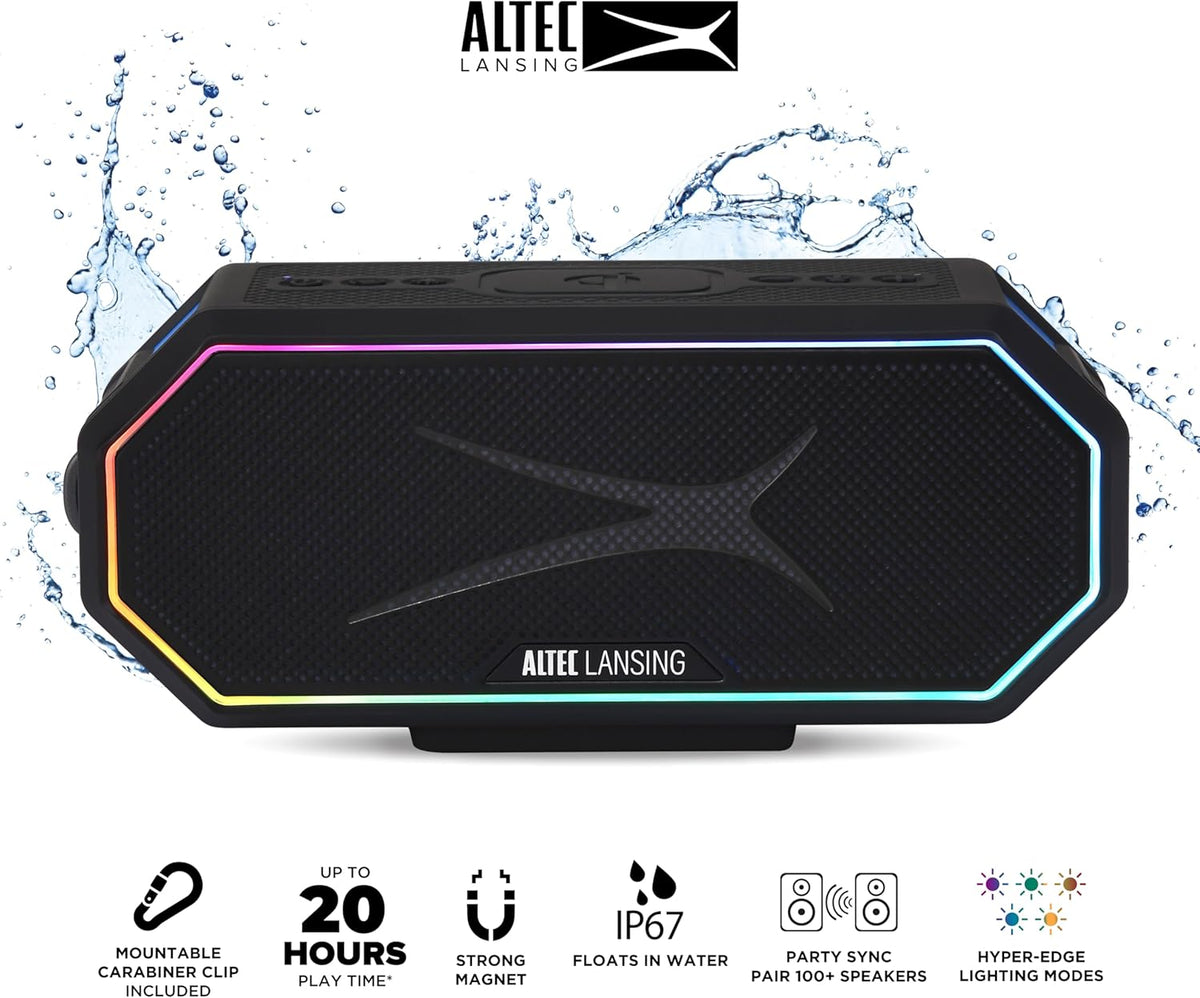 Altec Lansing Loud Portable Speakers Bluetooth Wireless Waterproof - MultiColor LED, 20 Hour Playtime, Mount Included | HydraBLAST 2.0 Magnetic Bluetooth Speaker for Travel, Home and Outdoor Adventure