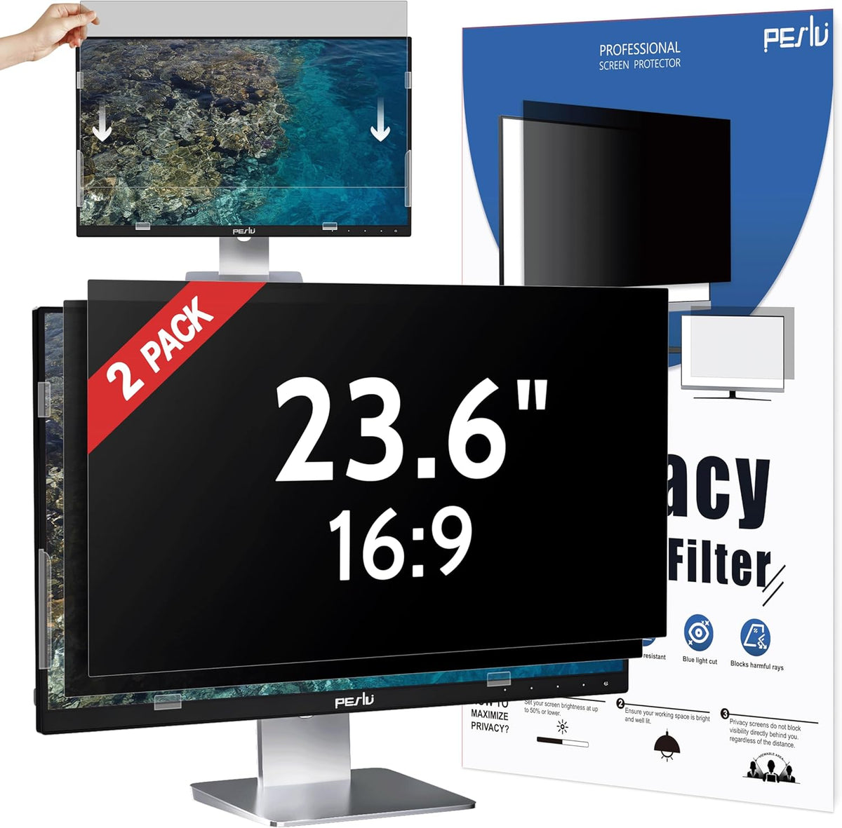 [2-Pack] 23.6 Inch Privacy Screen for Computer Monitor 16:9 Aspect Ratio, Eye Protection Anti Blue Light Glare Shield, 23.6inch Removable Black Blackout Anti Spy Desktop Security Private Filter