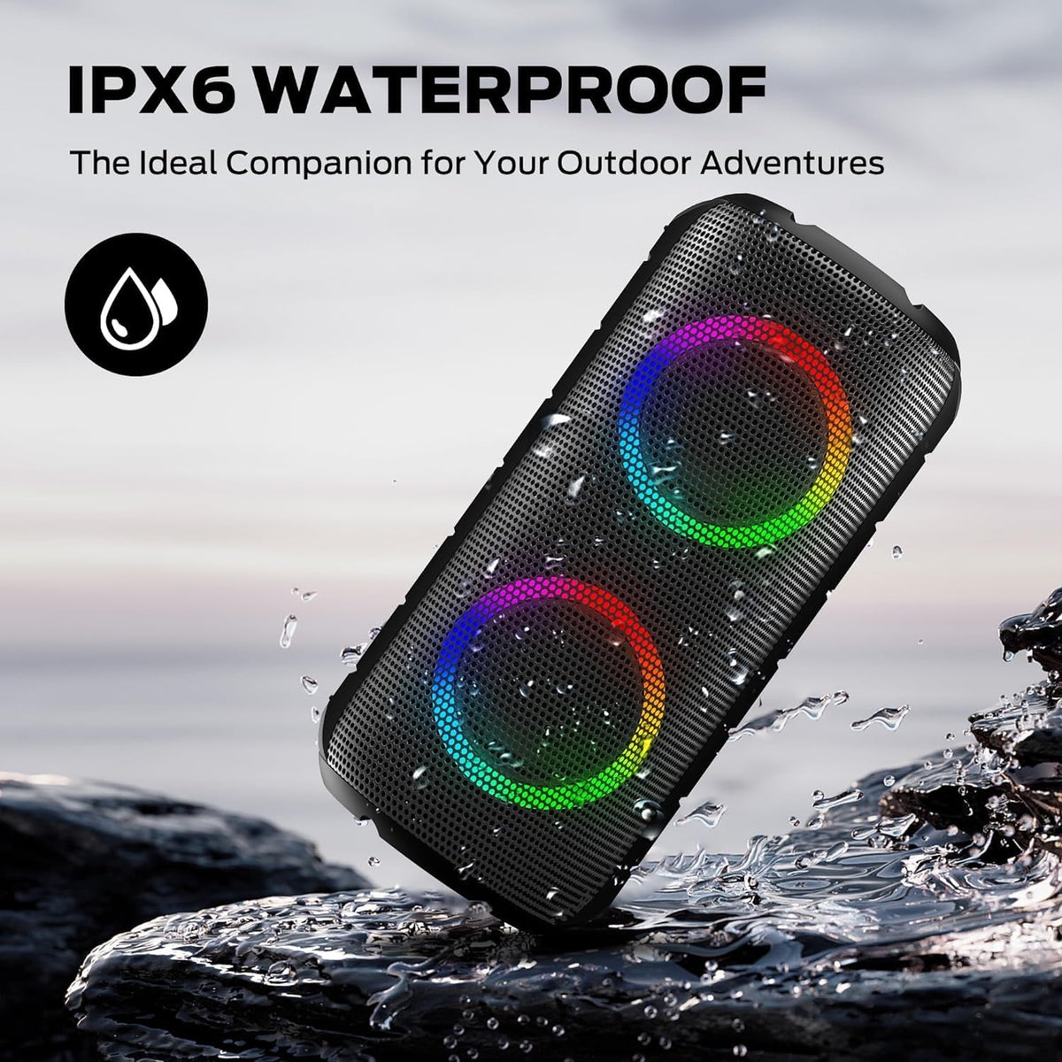 BUGANI Luster Bluetooth Speakers, Portable Wireless Stereo Speaker with Colorful Lights, Loud Sound, Bluetooth 5.3, 24H Playtime, IPX6 Waterproof, AUX-in, for Home/Outdoor/Camping/Beach