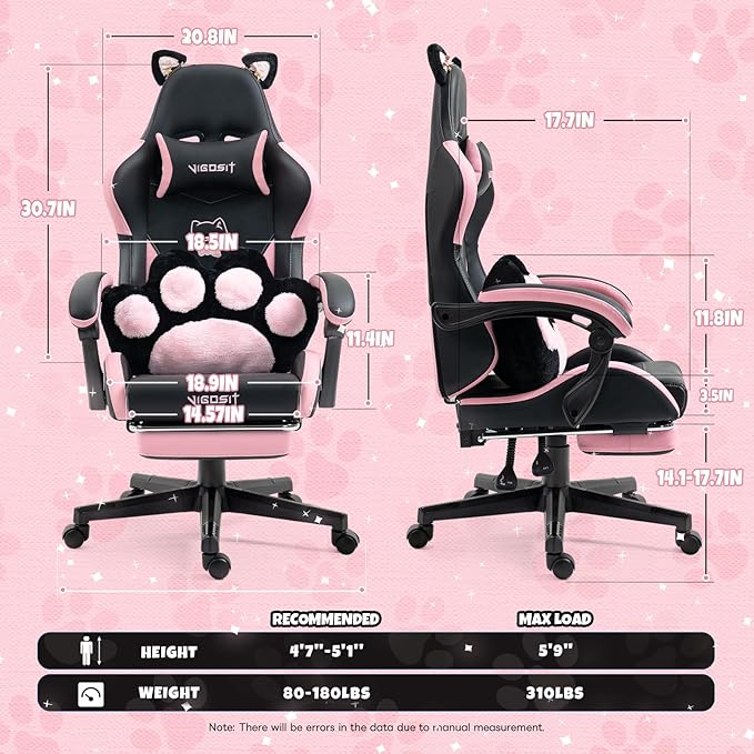 Gaming Chair with Footrest High Back Ergonomic Computer Chair Height Adjustable Game Chair with Headrest and Lumbar Support for Office or Gaming (Pink Black-Cat Ears)