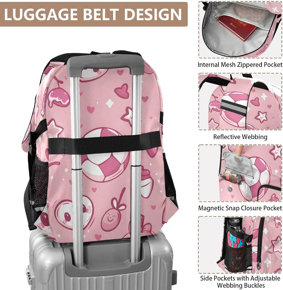 Bolaz Backpack 14 Inch Football Ice Cream Cherry Star Heart Pattern Travel Laptop Computer Bag Sturdy School Bag