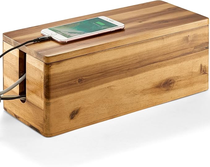 TIDITA Acacia Wood Cable Management Box Round Edge - 16" L Wooden Cable Organizer Box for Electrical Hiding Cord Management - Power Strip Hider Cable Storage Box for Office, Router Wires, Under Desk