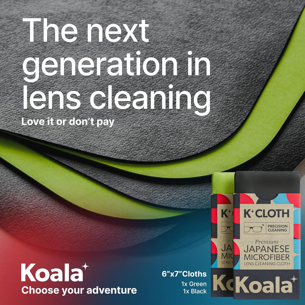 Koala Lens Cleaning Cloth | Japanese Microfiber | Glasses Cleaning Cloths | Eyeglass Lens Cleaner | Eyeglasses, Camera, VR/AR Headset, and Screen Cleaner | Black & Green (Pack of 2)