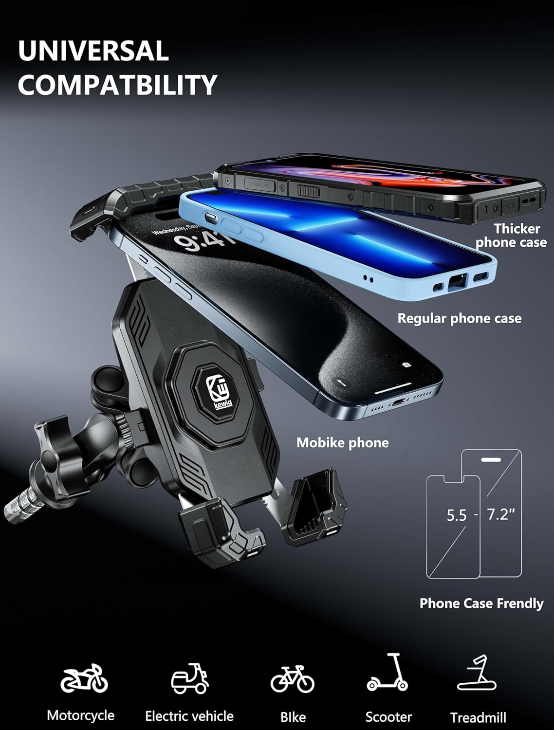 Kewig Motorcycle Fork Stem Phone Mount Holer with Vibration Dampener, [No Scratches Camera] Anti-Theft Motorcycle Cell Phone Holder, Fits for Fork Stem Tubes 12-25.4mm in Diameter, for 5.5-7.2" Phone
