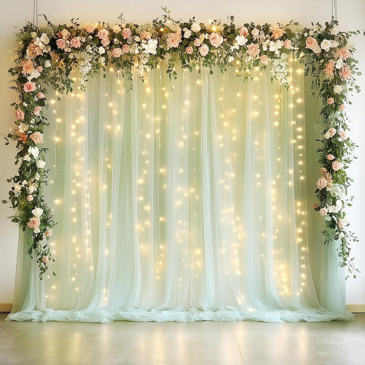 10FT 10FT (2 5x10FT) Fomcet Sage Green Tulle Backdrop Curtains with Lights String X Sheer Curtain with Lights Tulle