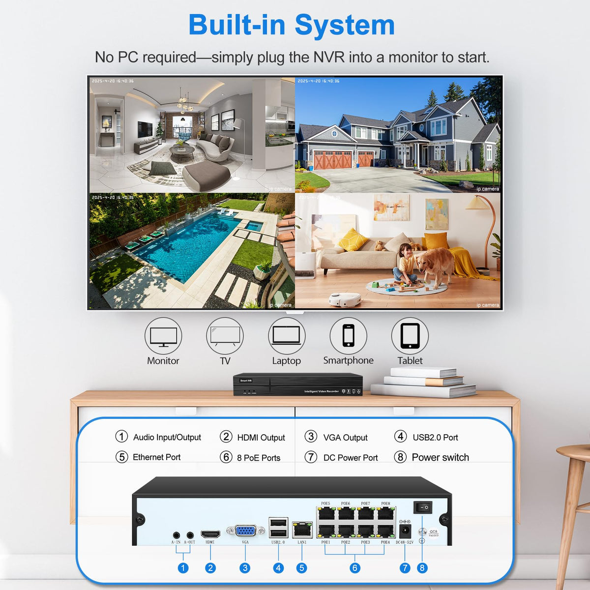 MWRCTV 4K PoE Security Camera System,8 X 8MP Wired Dome PoE Cameras for Home Security,2.8mm Wide Angle Lens,Smart Dual Light,AI Human/Vehicle