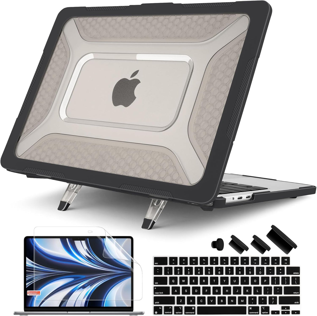 Batianda Case for New MacBook Air 13.6 inch 2025 M4 Chip 2024 2022 Release A3240 A3113 A2681 Model,Honeycomb Heavy Duty Protective Hard Shell with TPU Bumper Fold Kickstand & Keyboard Cover, Black