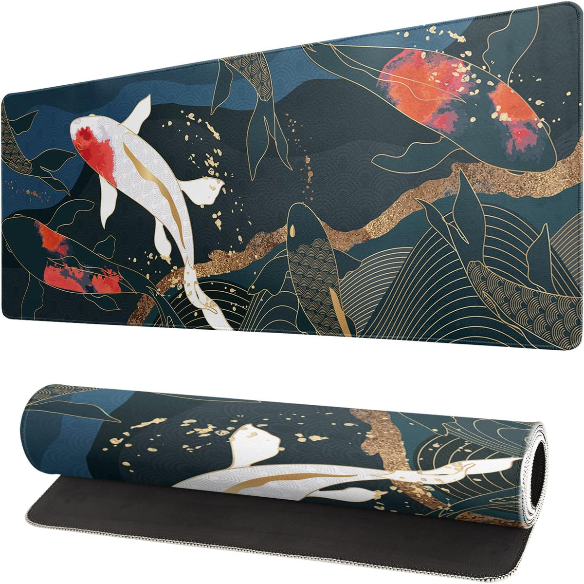 Fish Art Mouse Pad 31.5x11.8 Inch Japanese Gaming Full Desk Mousepad Extended Large Non-Slip Rubber Base Waterproof Big Keyboard Mat with Stitched Edges for Home Gaming and Office
