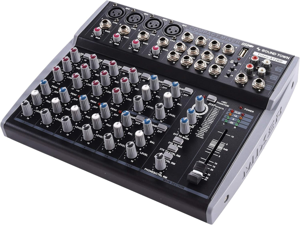 Sound Town Professional 12-Channel Audio Mixer with USB interface, Recording, EQ, Bluetooth, DSP and 48V Phantom (TRITON-A12BD)