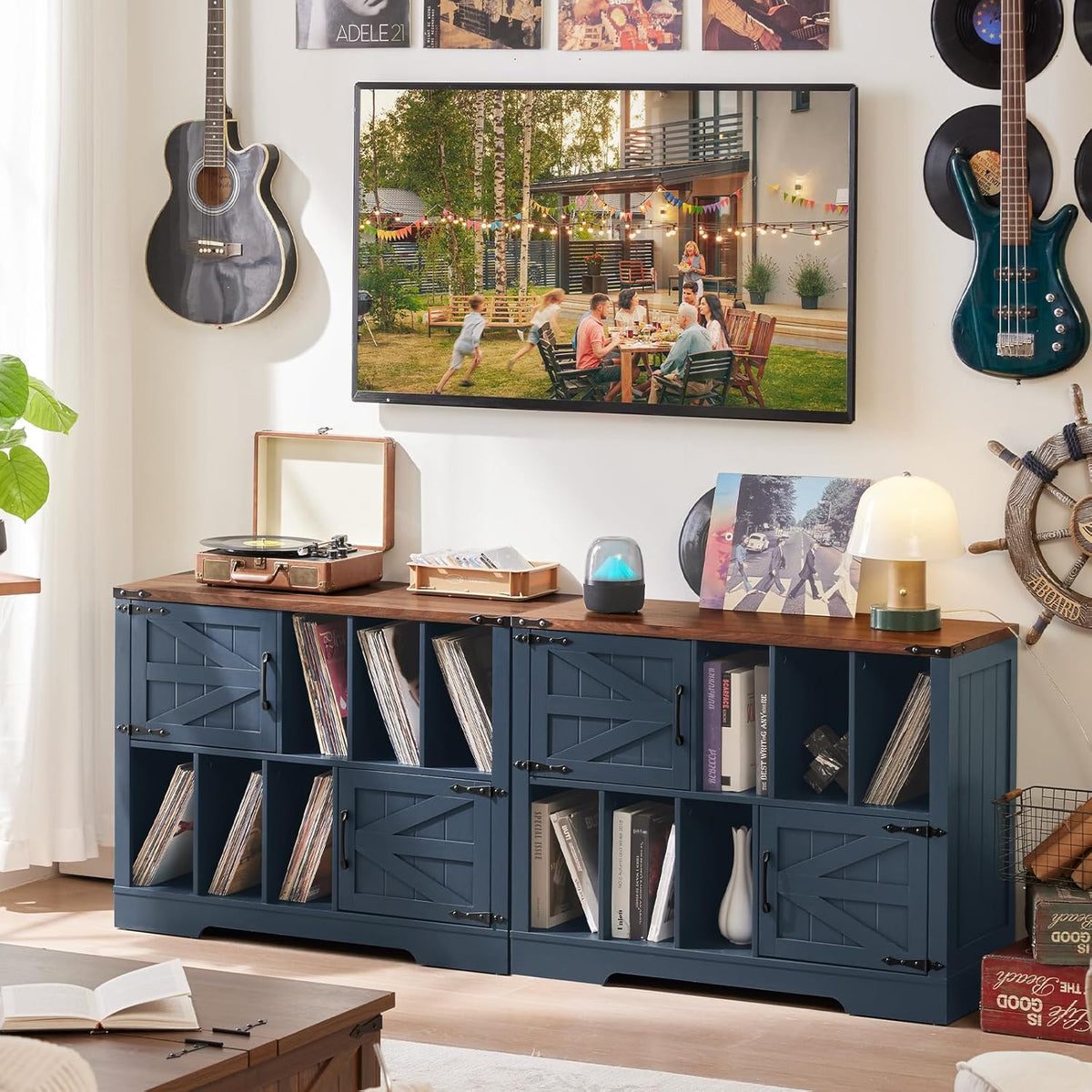 Large Record Player Stand with Vinyl Storage Up to 450 Albums, 39 Inch Farmhouse Wood Navy Blue Vinyl Records Storage Cabinet with Barn Doors, Mid-Century Turntable Stand for Living Room