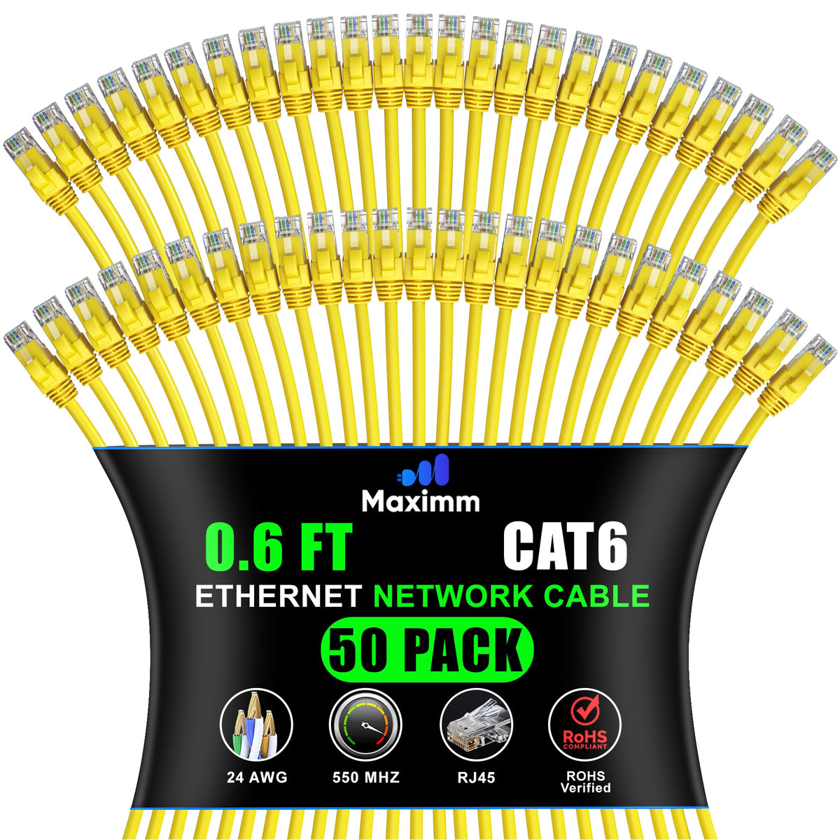 Maximm Cat 6 Ethernet Cable 0.6 ft (50-Pack) - High-Speed LAN Cable, Internet Cable, Patch Cable, and Network Cable - UTP, 10Gbp