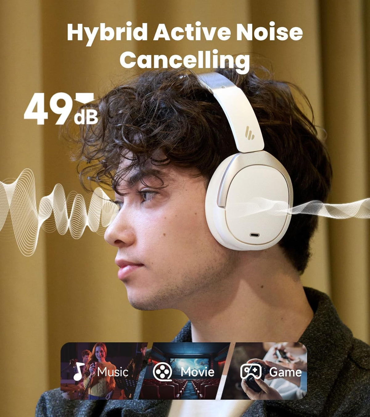 Edifier W80 Over Ear Headphones with -49dB Active Noise Cancelling, LDAC Hi-Res Wired & Wireless, AI Clear Call, Fast Charging, Multipoint Connection, Bluetooth V5.4 - Ivory