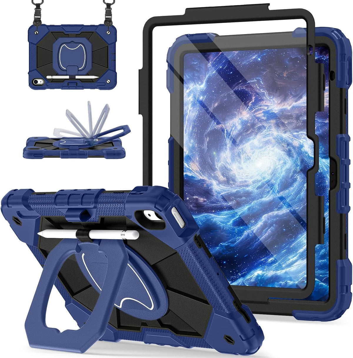 Case for iPad (A16) 11th Generation 11 Inch (2025) / iPad 10th Generation Case 10.9 Inch (2022) with 360° Rotating Stand Screen Protector Pen Holder Shoulder Strap, Navy Black