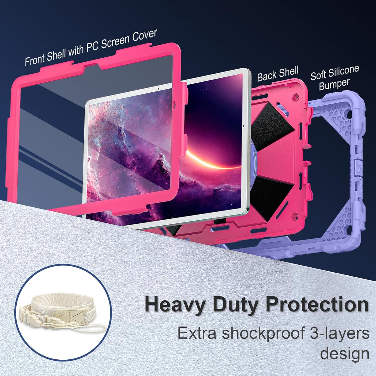 for Galaxy Tab A9 Plus Case 11 Inch, Rugged Case for Samsung Galaxy A9+ Tablet with Screen Protector 360 Rotating Stand Shoulder Strap Pen Holder, 2023 Model(SM-X210/X216/218), Purple Pink