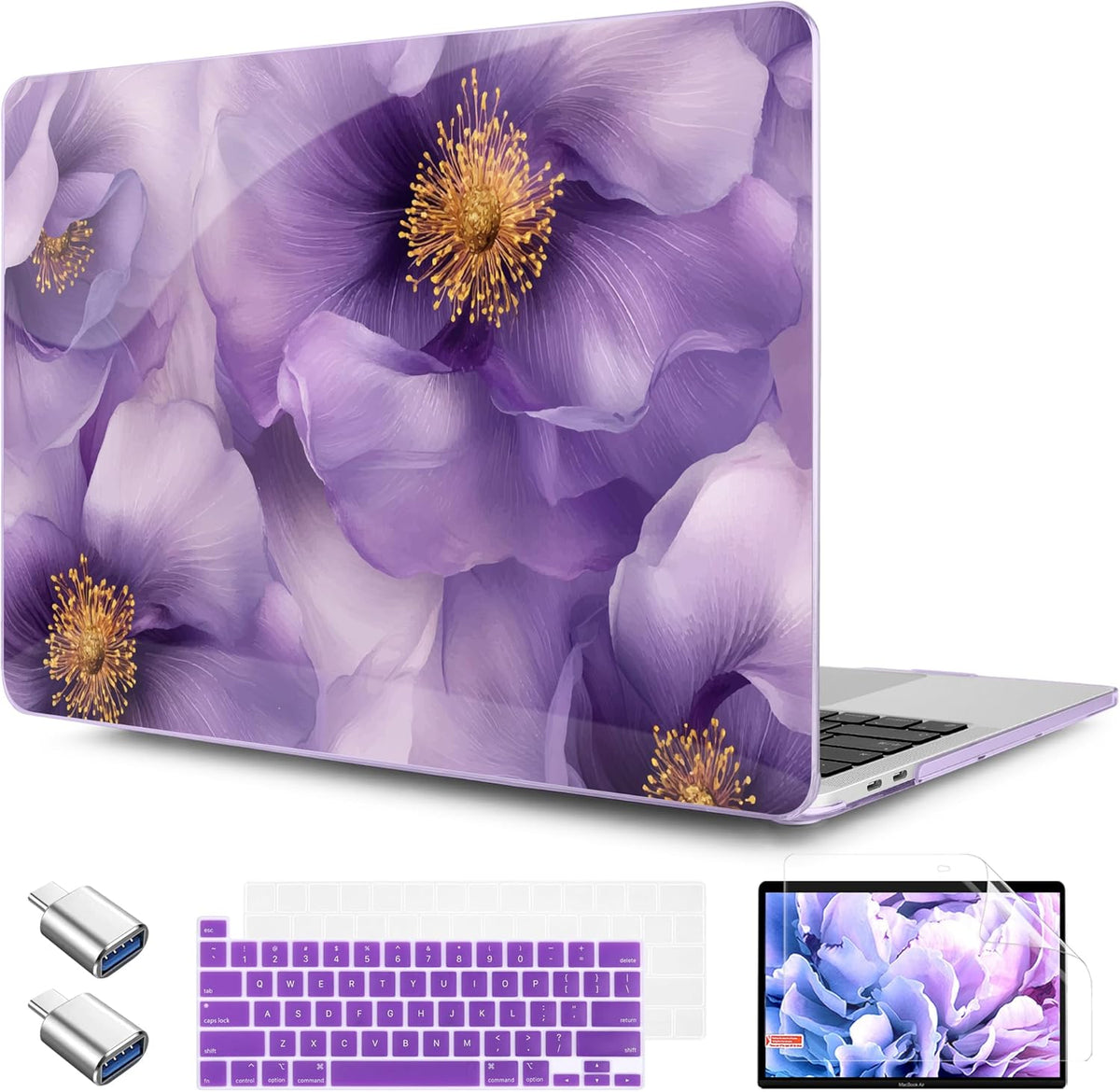 TWOLSKOO Compatible with MacBook Pro 13 inch Case 2023-2016 A2338 M2/M1 A2251 A2289 A2159 A1989 A1706, Plastic Hard Shell Cover & Keyboard Skin & Screen Protector, Purple Flowers