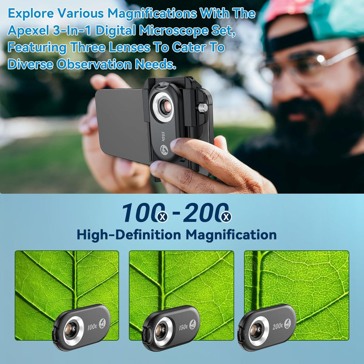 100X/150X/200X Nano Zoom Phone Micro Lens for iPhone/Android | 3-in-1 Phone Microscope Lens Kit with LED UV Light/CPL/Universal Clip, Mini Pocket Digital Microscope, Portable Smartphone Camera