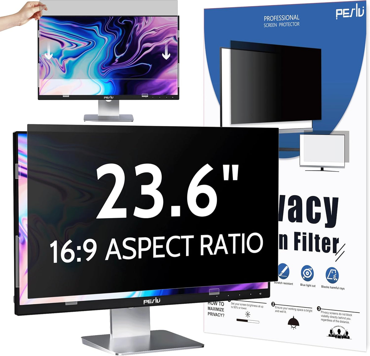 Privacy Screen for Computer Monitor 23.6 Inch 16:9 Aspect Ratio, Anti Blue Light Glare Removable 23.6 in Privacy Screen Filter Protective Film, HD 23.6 Inch Privacy Screen Protector for Monitor