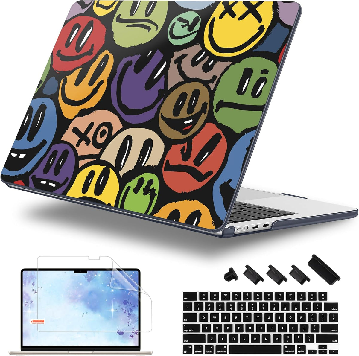 Case for MacBook Air 15 Inch 2025 2024 2023 Release M4 A3241 M3 A3114 M2 A2941, Hard Shell with Screen Protector & Keyboard Cover, Compatible with Touch ID, Happy Emoji