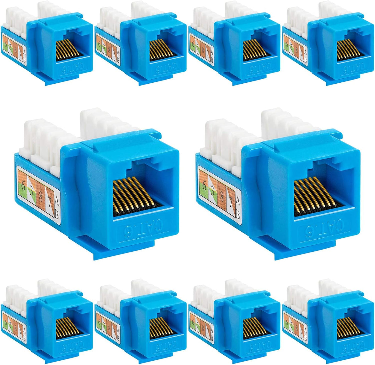 Cmple - 10 Pack Cat6 Keystone Jack Insert Punch Down RJ45 Connectors RJ45 Keystone Jack 90 Degree Female for Wall Plates, Patch Panels, Patch Cables, Ethernet Cables - Blue