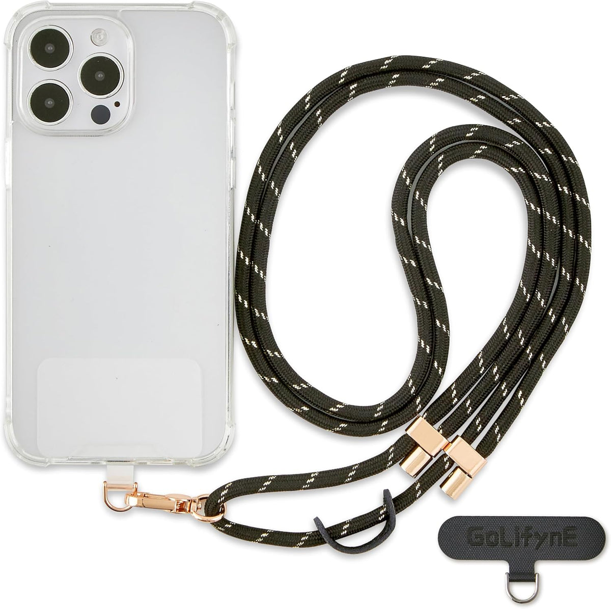 Universal Phone Lanyard, Anti-Theft Crossbody Strap for iPhone 16 Pro Max and Most Smartphone, Adjustable Cell Phone Neck Holder w/2 Non-Adhesive Tether Tab for Men and Women, Black-Gold/Gold