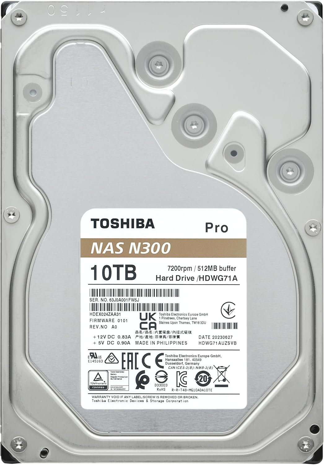 Toshiba N300 PRO 10TB Large-Sized Business NAS (up to 24 Bays) 3.5-Inch Internal Hard Drive - Up to 300 TB/Year Workload Rate CMR SATA 6 GB/s 7200 RPM 512 MB Cache - HDWG71AXZSTB