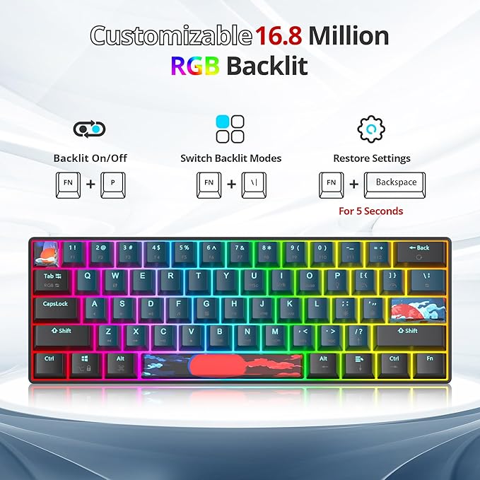 60% Mechanical Keyboard - Compact Gaming Keyboard RGB Backlit 61 Keys Red Switches USB Wired for Windows Mac Laptop PC