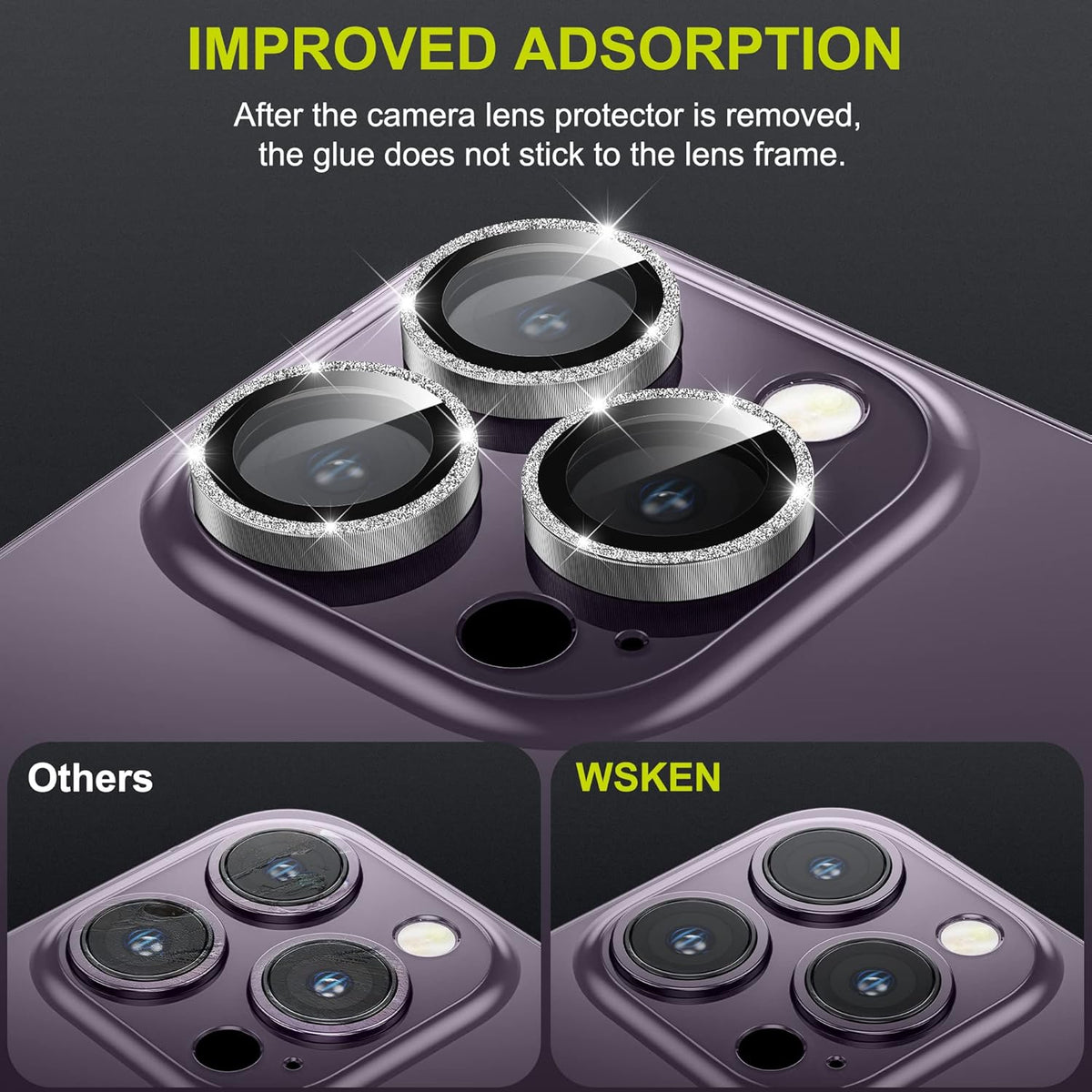 WSKEN for iPhone 14 Pro/iPhone 14 Pro Max Camera Lens Protector,[Night Shooting Mode] HD Tempered Metal Glass Camera Screen Protector Cover Film Accessories, Glitter