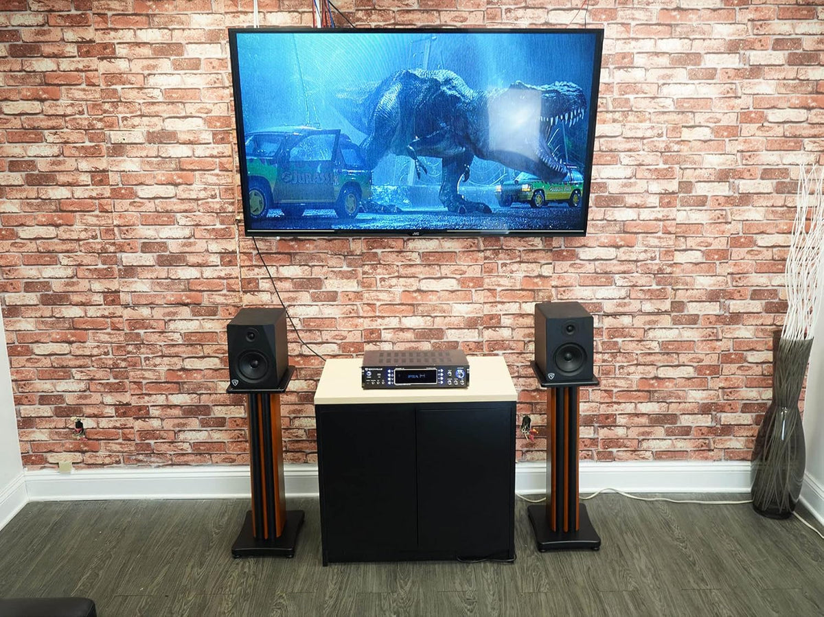 Rockville Pair SS28C 28" Speaker Stands, 100Lbs Capacity, Solid MDF Wood, Classic Wood-Grain Finish, Dual Platforms, Spikes and Pads, for Home Audio and Studio Monitors