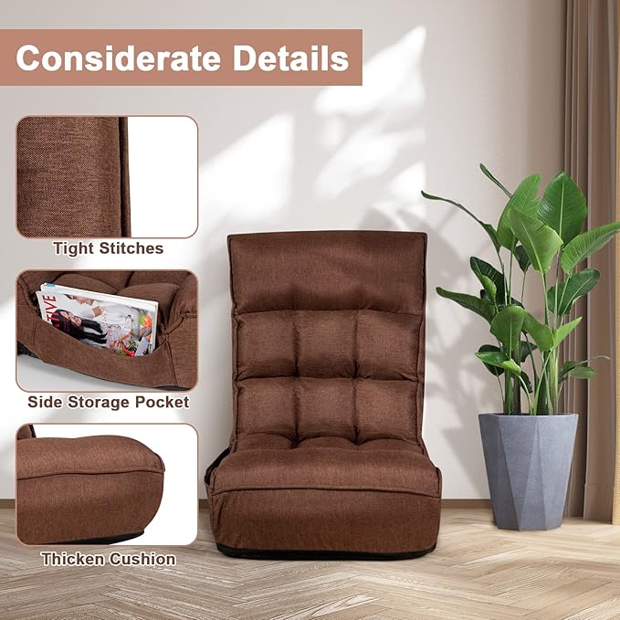 MAT EXPERT Folding Floor Chair Floor Gaming Chair w/ 4-Position Backrest 5-Position Adjustable Headrest Side Pocket Indoor Floor Chair w/Back Support for Bedroom Living Room (Coffee)